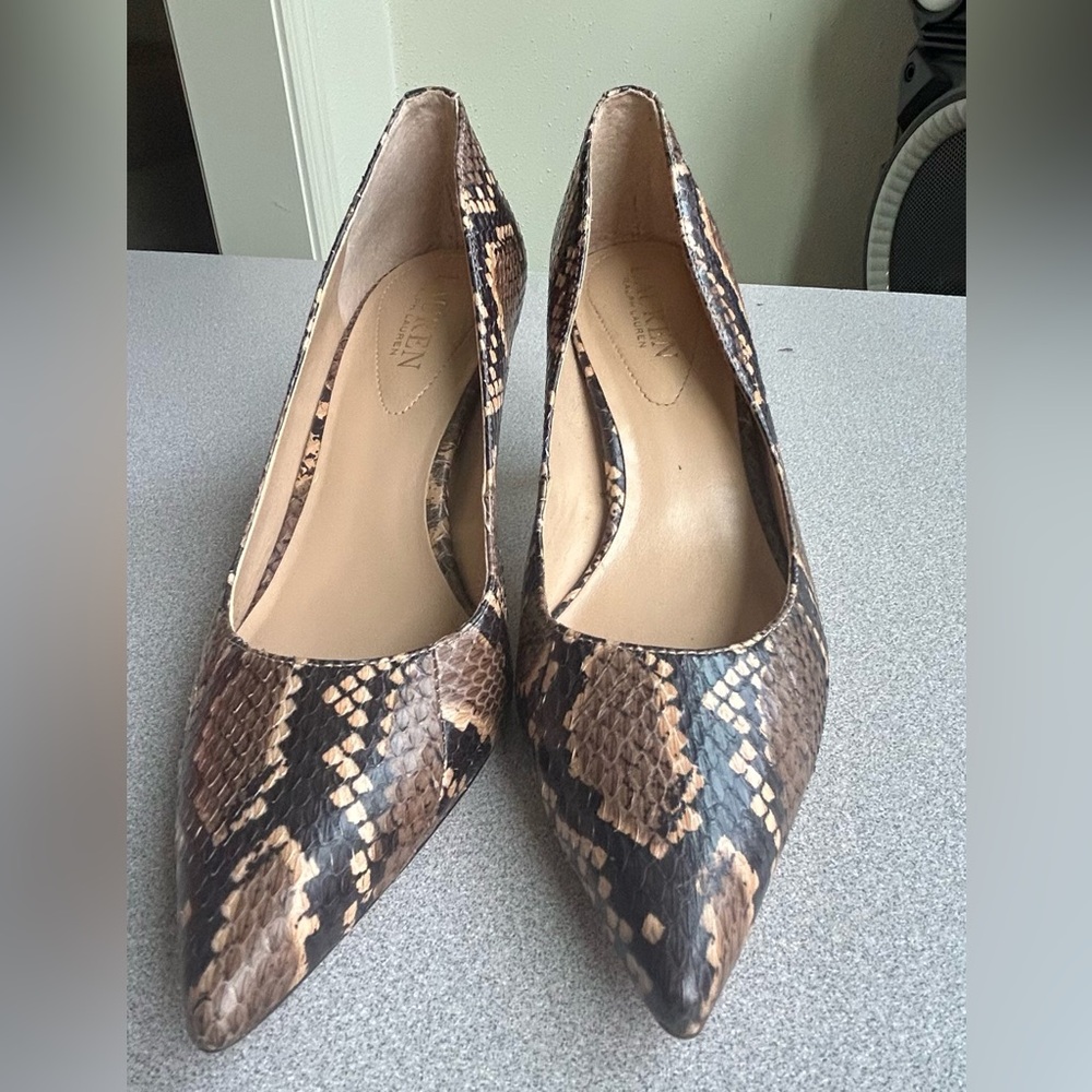 Ralph Lauren Black and Tan Snakeskin Heels